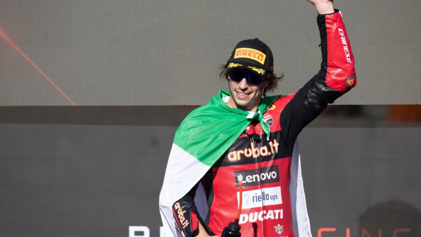 Nicolo Bulega, 2026 Portuguese WorldSBK, podium. Credit: Gold and Goose.