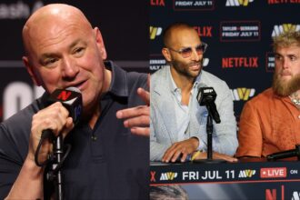Dana White speaks at the Canelo-Crawford press conference, opposite Jake Paul and manager Nakisa Bidarian after Paul's win over Julio Cesar Chavez Jr.