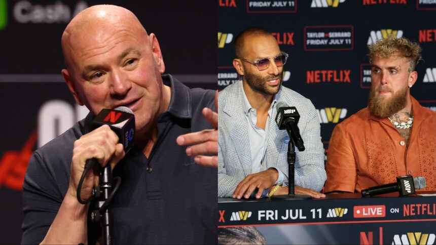 Dana White speaks at the Canelo-Crawford press conference, opposite Jake Paul and manager Nakisa Bidarian after Paul's win over Julio Cesar Chavez Jr.