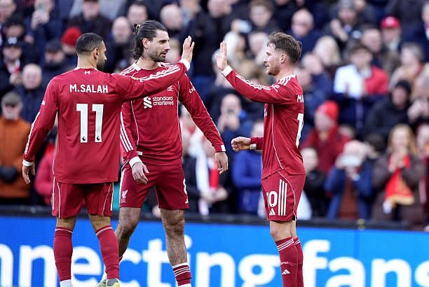 Alexis Mac Allister celebrating goal with teammates during 5-2 win over West Ham