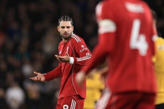 Dominik Szoboszlai reacts during Wolves vs Liverpool