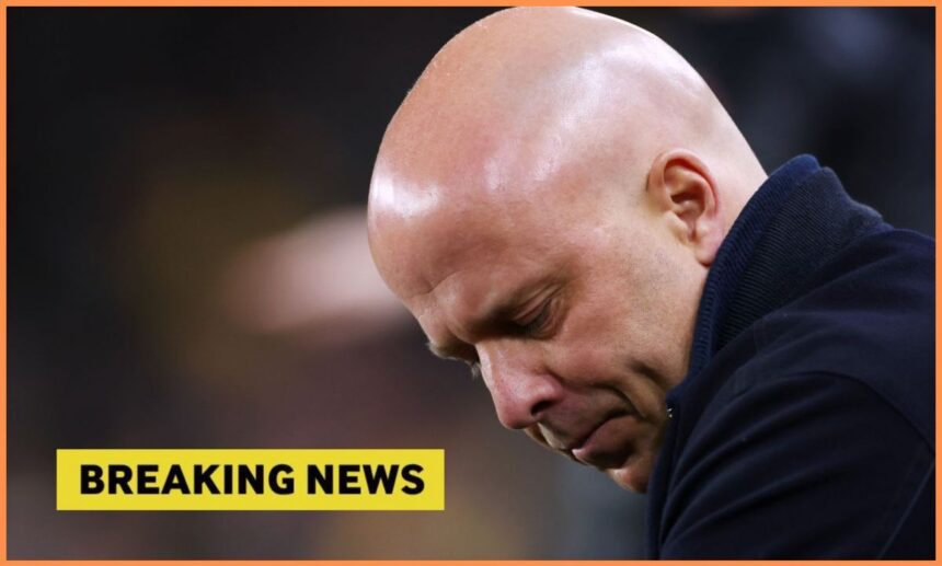 Liverpool manager Arne Slot looking dejected with overlay of Breaking News