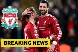 Alexis Mac Allister and Dominik Szoboszlai with overlay of Liverpool badge and Breaking News