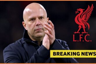 Arne Slot with overlay of Liverpool bird and Breaking News