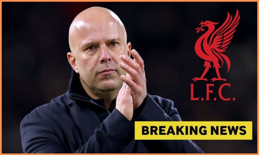 Arne Slot with overlay of Liverpool bird and Breaking News
