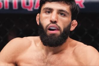 Arman Tsarukyan enters the Octagon for his fight at UFC Qatar