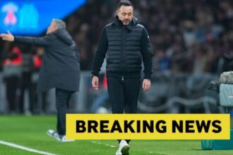 Roberto De Zerbi with overlay of breaking news