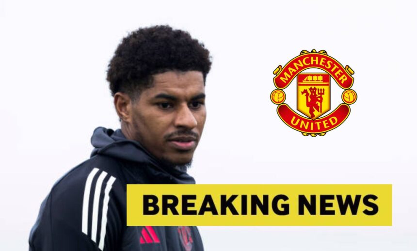 Marcus Rashford with overlay of breaking news and man united badge