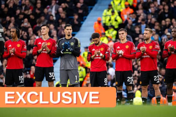 Man United players with overlay of breaking news