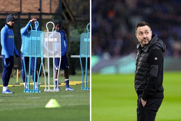 Split image of Spurs training and Roberto de Zerbi