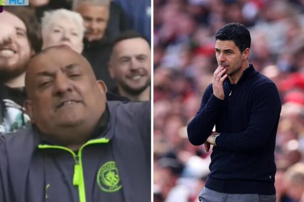 Split image of Arsenal fan and Mikel Arteta