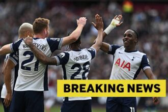 Tottenham players with overlay of breaking news