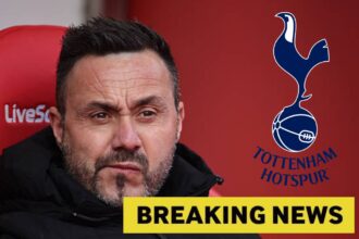 Roberto De Zerbi with overlay of breaking news and tottenham badge