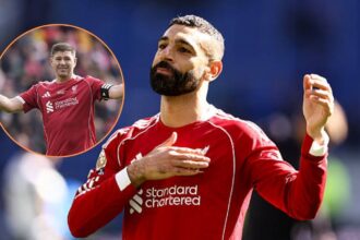 Mohamed Salah celebrating after scoring vs Everton with overlay of Steven Gerrard