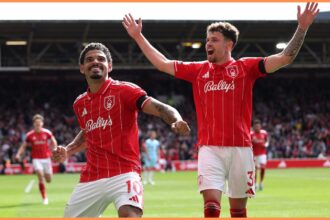 Morgan Gibbs White celebrates a goal for Nottingham Forest