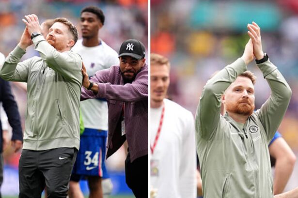 Split image of Calum McFarlane with Reece James and Calum McFarlane applauding the fans