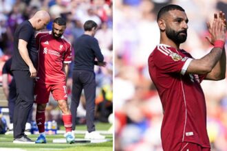 Split image of Salah coming off injured and Salah applauding Liverpool fans