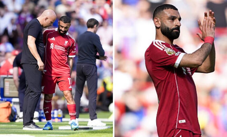 Split image of Salah coming off injured and Salah applauding Liverpool fans