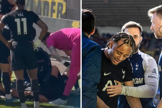 Split image of Xavi Simons after being injured vs Wolves and Simons being taken off injured