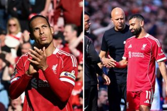 Split image of Virgil van Dijk applauding fans vs Crystal Palace and Salah injured against Crystal Palace
