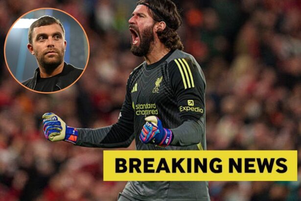 Alisson Becker celebrating with overlay of Fabrizio Romano