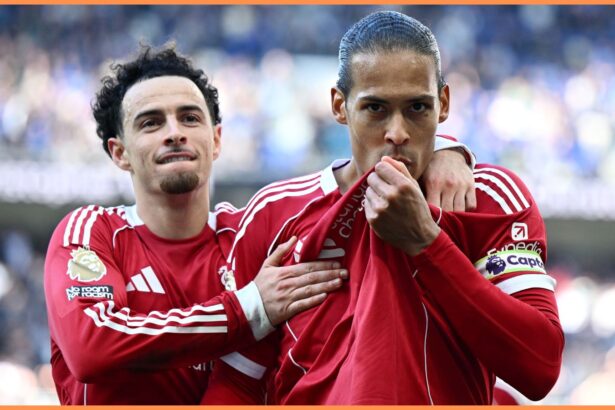 Curtis Jones and Virgil van Dijk celebrate as Liverpool beat Everton