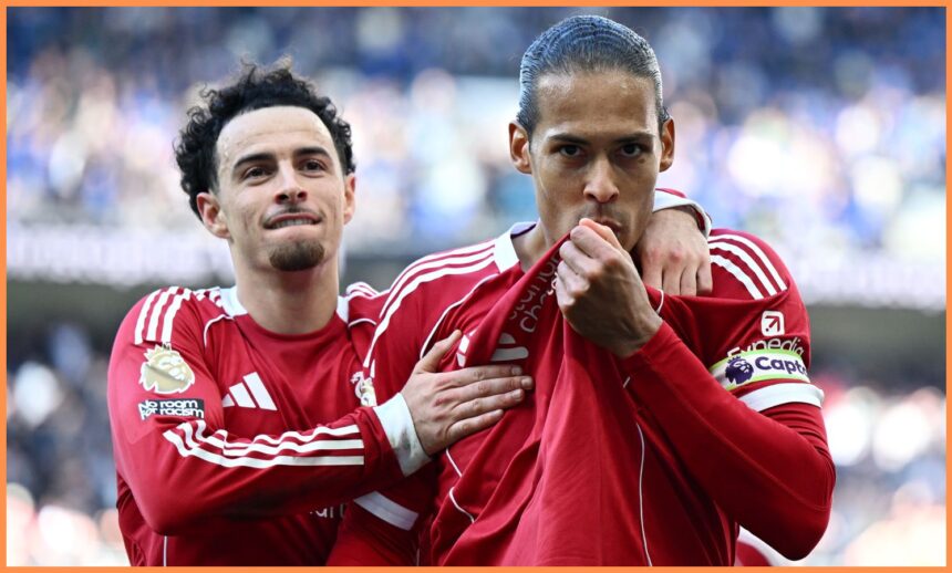 Curtis Jones and Virgil van Dijk celebrate as Liverpool beat Everton