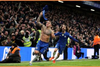 Enzo Fernandez celebrates a goal for Chelsea against West Ham