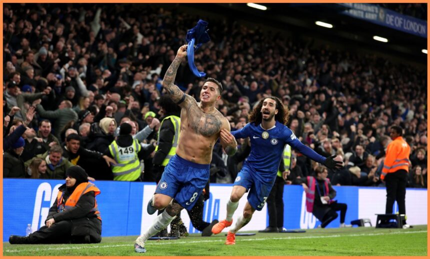 Enzo Fernandez celebrates a goal for Chelsea against West Ham