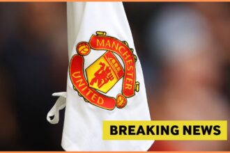 Manchester United logo on corner flag, plus