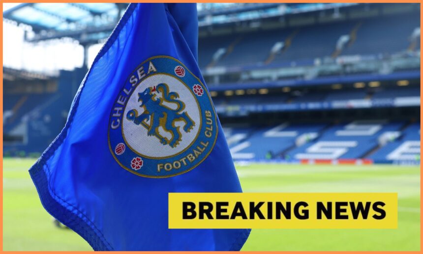 Chelsea FC logo on corner flag, and breaking news banner