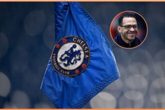 Liam Rosenior and the Chelsea logo