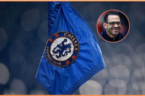 Liam Rosenior and the Chelsea logo