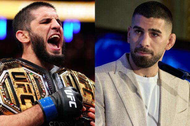 Islam Makhachev celebrates after a win at UFC 322, opposite Ilia Topuria