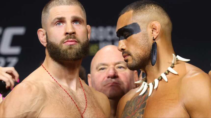 Jiri Prochazka and Carlos Ulberg at UFC 327 ceremonial weigh-in