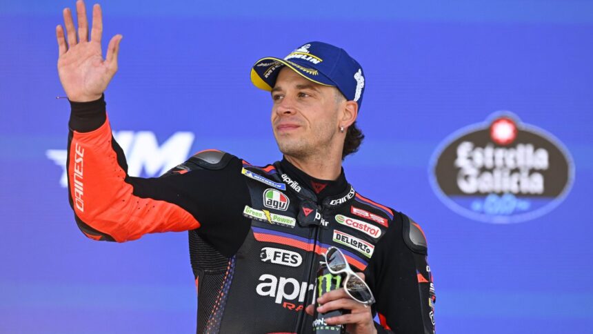 Marco Bezzecchi, 2026 MotoGP Spanish Grand Prix, podium. Credit: Gold and Goose.