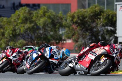 Nicolo Bulega leads Miguel Oliveira, Iker Lecuona, 2026 Portuguese WorldSBK. Credit: Gold and Goose.
