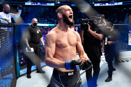 Khamzat Chimaev celebrates UFC win