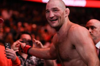 Sean Strickland celebrates with fans at UFC Houston