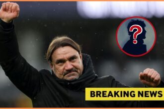 Daniel Farke with overlay of mystery player and breaking news