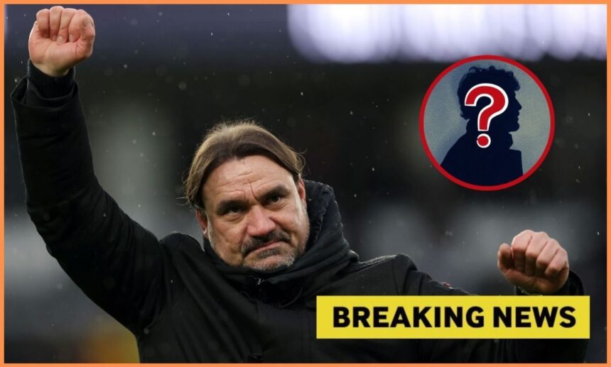 Daniel Farke with overlay of mystery player and breaking news