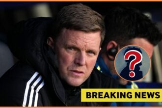 Eddie Howe with breaking news and mystery man overlay