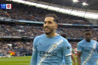 Rayan Cherki celebrating goal