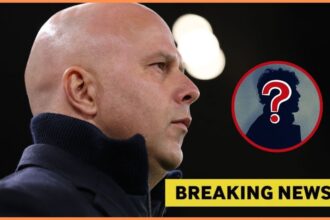 Liverpool boss Arne Slot with overlay of breaking news and mystery player