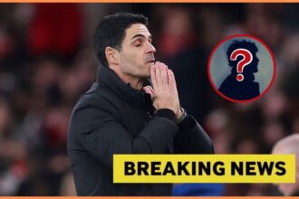 Arsenal manager Mikel Arteta with breaking news overlay