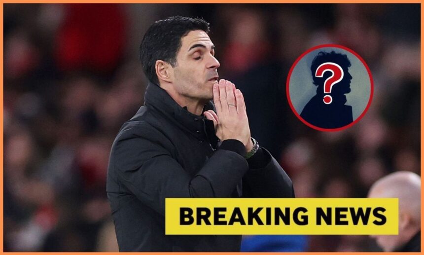 Arsenal manager Mikel Arteta with breaking news overlay