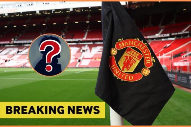 Man United corner flag with overlay of breaking news and mystery player